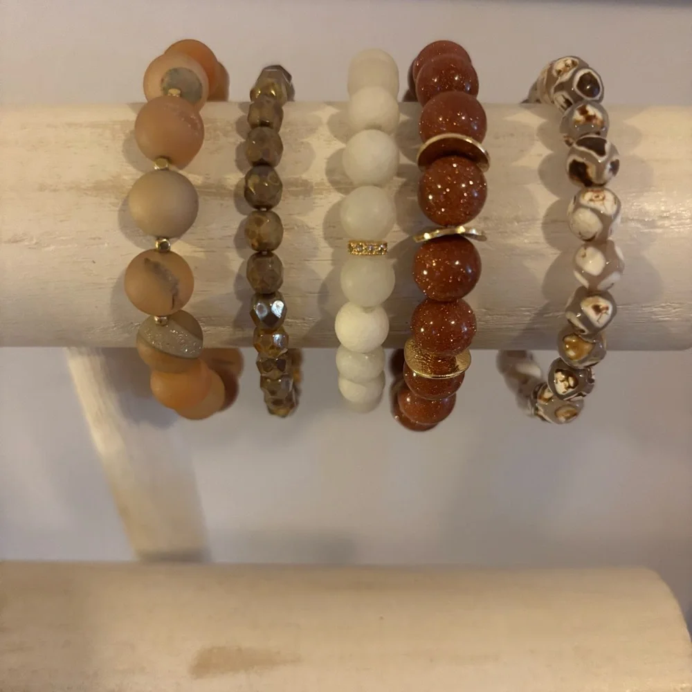 Handmade Etched Agate Goldstone Czech Glass Bracelet Stack Set of 5 NWT